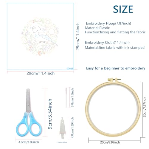 Zhenqing Bird Embroidery Kit for Beginners, Songbird & Floral Needlework Craft with Pre-Printed Cotton Fabric, Hoop, Threads & Tools, Garden Decor (C0068) - color: Bird & Sunflower Garden