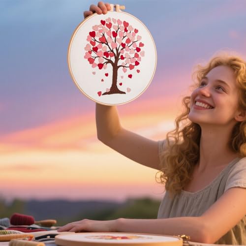 Love Heart Tree Embroidery Kits for Beginners Adults, Valentine's Day Hand Embroidery Kits, Cross Stitch Kits for Adult Anniversary Valentine's Gift, Entire Set of Embroidery Supplies & Video Tutorial - color: H2067