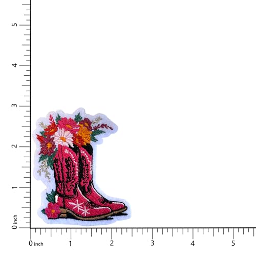 Cowgirl Boots with Flowers Patch, 2.5" x 3", 2-Pack, Embroidered Iron-On for Hats, Bags, Jackets - color: Cowgirl Boots with Flowers