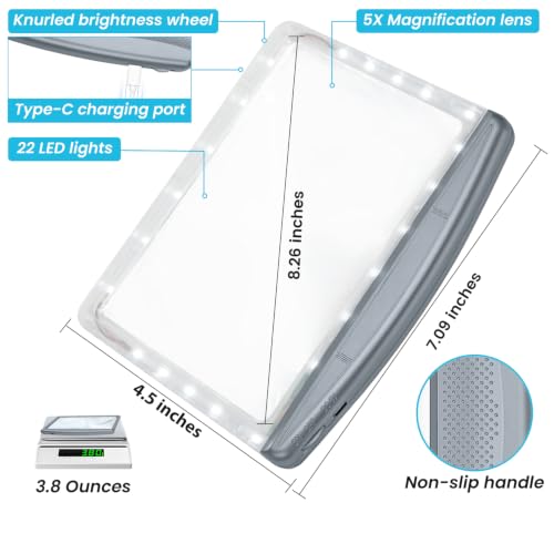 Rechargeable 5X Magnifying Glass for Reading, Large Bright Full Page Magnifier with Light, Handheld LED Dimmable Lighted, Lightweight Book Magnifier for Reading Small Prints Seniors - Gray - color: Gray