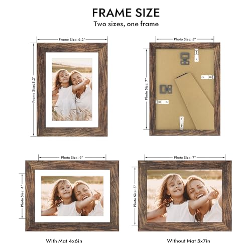 Hongkee 5x7 Picture Frame with Real Glass Wood Frame, 1 Pack (with Mat 4x6) - color: Rustic Brown, size: 5X7 in