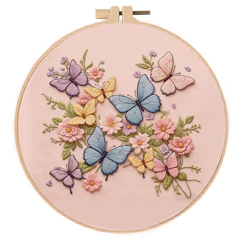 Embroidery Kit for Beginners & Adults Starter Kit, Cross Stitch Kits,DIY Hand Embroidery Needlepoint Set with Hoop, Pre-Printed Fabric, Threads and Instructions (Butterfly) - color: Butterfly