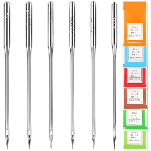 60 Pcs Universal Sewing Machine Needles, Size 65/9, 75/11, 80/12, 90/14, 100/16 and Heavy Duty 110/18, Ideal for Jeans, Canvas, Leather, Thick Fabric - size: mix