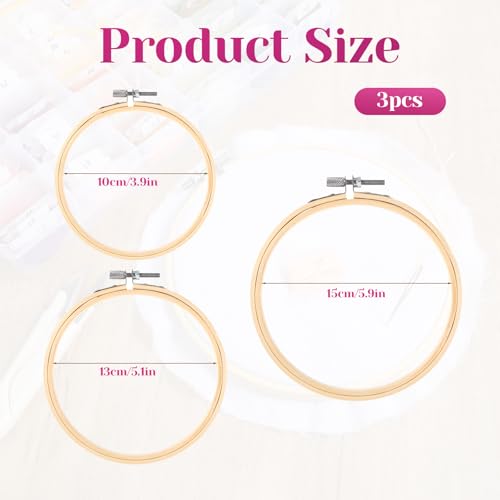 Bewudy 3 Pieces Embroidery Hoops, 4/5/6 inch Round Embroidery Hoops, Round Bamboo Cross Stitch Hoop Adjustable Stitch Hoop for Embroideries Cross Sew Art Craft Sewing