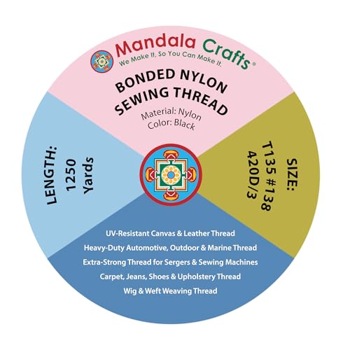 Mandala Crafts Size 138 420D T135 Black Bonded Nylon Thread, 1250 YDs - color: Black, size: T135 #138 420D/3 1250 Yards