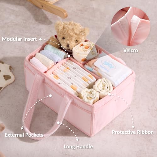 luxury little Soft Baby Diaper Caddy Organizer, Nursery Storage Basket with Removable Divider, Portable Baby Diapers Basket, Gifts for New Parent, Baby Shower (Light Pink) - color: Light Pink