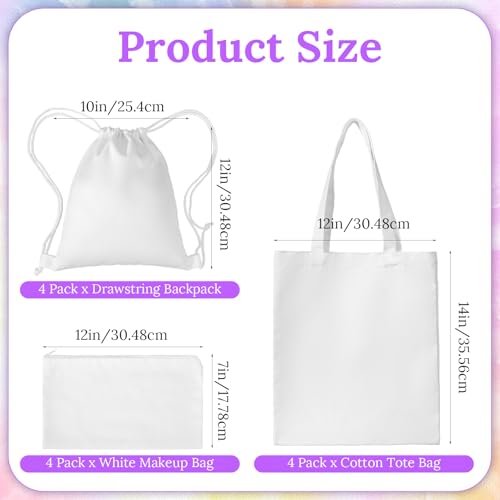 12 Pack White Cotton Bags for Tie Dye, 3-Style DIY Craft Kit with Drawstring Backpacks, Tote & Makeup Pouches