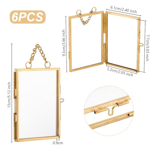 OLYCRAFT 6Pcs Wall Hanging Mini Photo Frames 2x3 Inch Double Glass Picture Frame with Chain Brass Folding Frame DIY Vintage Artwork Display Frames for Pressed Flowers Pictures Home Wall Decor - size: 2x3 Inch