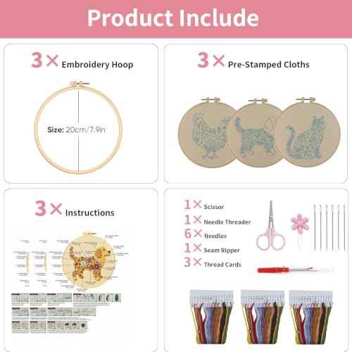 3 Packs Embroidery Kit for Adults, Embroidery for Beginners (Animal) - color: Animal
