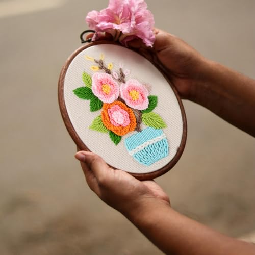 FONNUY Embroidery Kit for Beginners，3D Plants Flowers Pre-Stamped Pattern Kits Brightly Colored for Adults with Hoop (Pink Rose) - color: Pink Rose