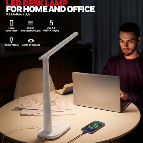 Honeywell LED Desk Lamp Home Office Dimmable 4 Color Reading Light USB Port - color: White