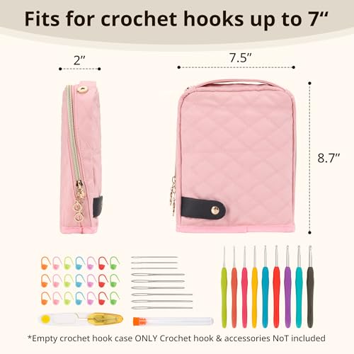 BAGCRAZY Stand-Up Crochet Hook Case Organizer, Travel Craft Holder with Phone Pocket, Quilted Bag with 9 Hooks, Needles & Scissors, Gift for Crochet Lovers - color: Pink