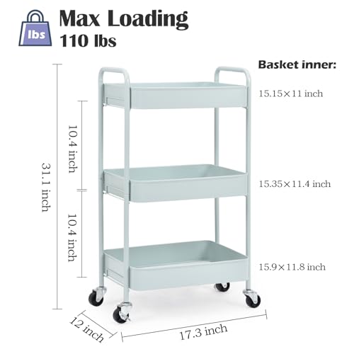 TOOLF 3 Tier Metal Rolling Cart, Utility Storage Cart with Wheels, Green - color: Green, size: 3-Tier