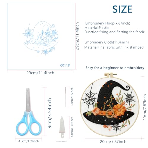 Zhenqing Halloween Witch Hat Embroidery Kit for Beginners, Black Witch Hat Needlework Kit with Pre-Printed Cotton Fabric, Hoop, Threads & Tools, Spooky Fall Decor (C0119) - style: Halloween Witch Hat