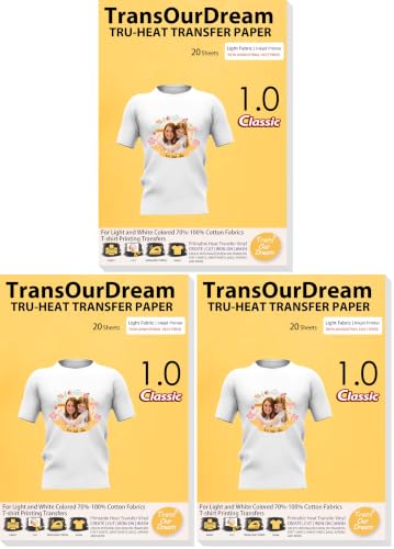TransOurDream Heat Transfer Paper for T Shirts (20 Sheets, 8.5x11") Printable Heat Transfer Vinyl for Inkjet Printer Iron on Transfers for Light & White Fabrics (Trans-1) (Pack of 3) - color: Light, size: 20 Sheets (Pack of 3)
