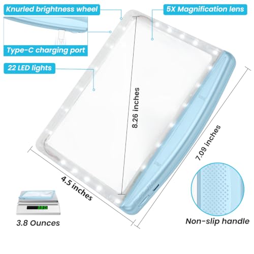 Rechargeable 5X Magnifying Glass for Reading, Large Bright Full Page Magnifier with Light, Handheld LED Dimmable Lighted, Lightweight Book Magnifier for Reading Seniors, Light-Blue - color: Light-blue
