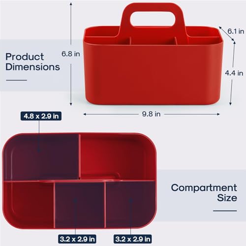 Multiuse Caddy Organizer with Handle, Portable Divided Plastic Tote Bin - Art Craft, Stationary Pen Marker Crayons, Makeup Hair Supplies Storage - Bathroom, Classroom, Dorm, Office, Desk Holder - Red - color: Red