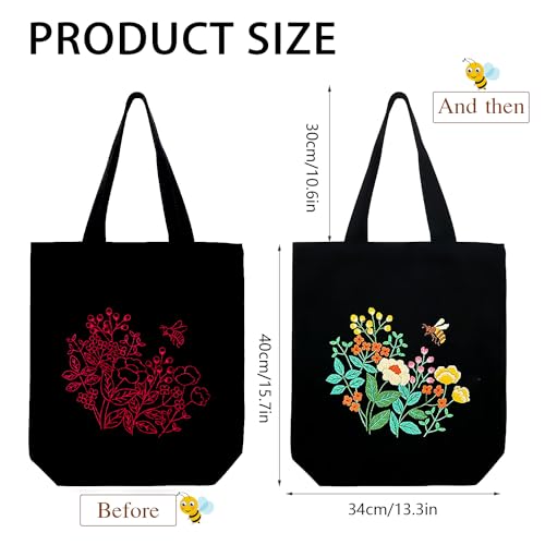 Canvas Tote Bag Embroidery Kit, Beginner Embroidery Kit for Adults, Hand Embroidery Starter kit with Floral Pattern, Arts and DIY Crafts Embroidery Kits , Cross Stitch Kit with Embroidery Bag and Tool - color: Black Yellow