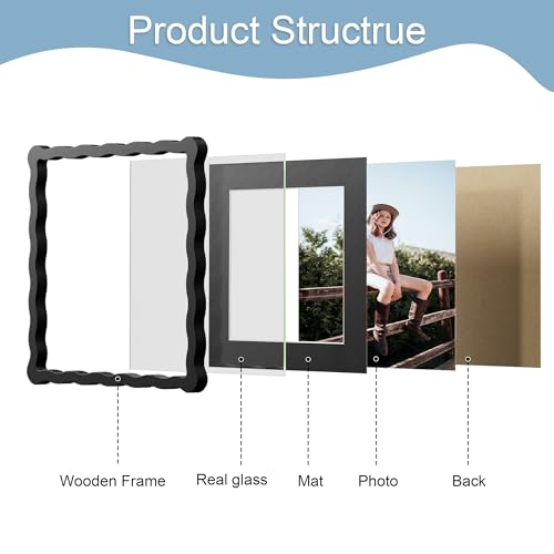 10x10 Picture Frame with Mat for 8x8, Wavy Edge Wooden Real Glass Photo Frame for Tabletop and Wall Hanging, Black, 1 Pack - color: Black, size: 10x10 in
