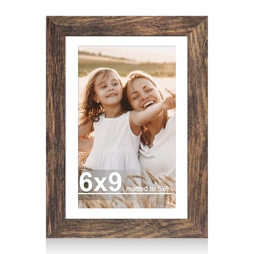 Hongkee 6x9 Picture Frame with Real Glass Wood Frame, 1 Pack (with Mat 5x8) - color: Rustic Brown, size: 6X9 in