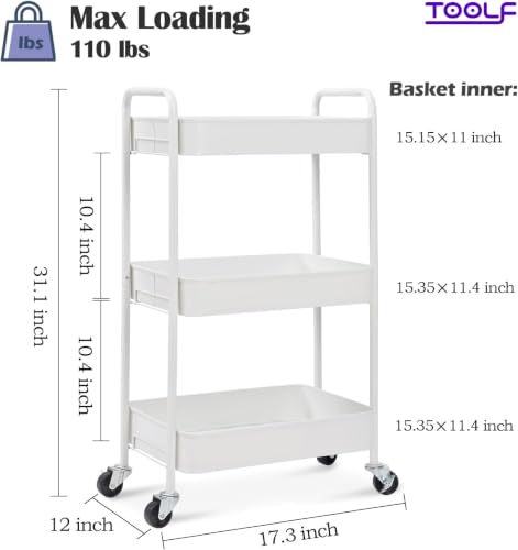 TOOLF 3 Tier Metal Rolling Cart, Utility Storage Cart with Wheels, White - color: White, size: 3-Tier