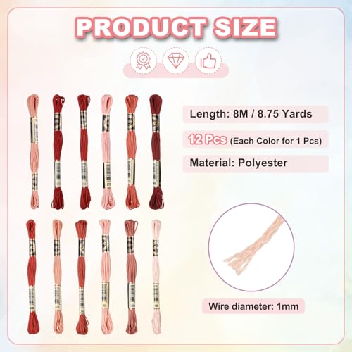 PATIKIL 12 Skeins Embroidery Floss Polyester Embroidery Threads Light Red - color: Light Red