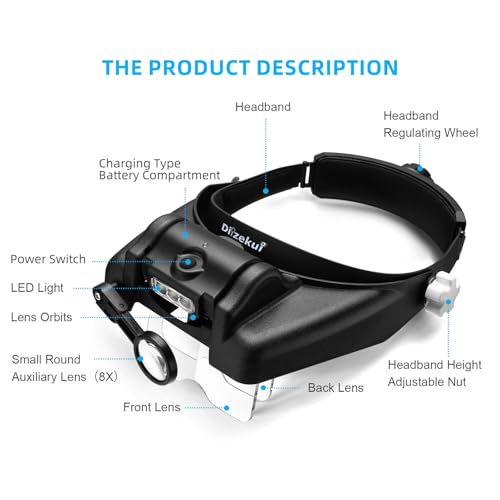 Dilzekui Magnifying Glass with Light 1X-14X, Rechargeable Headset Magnifier - color: Black