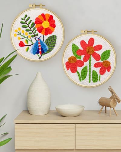 ERKOON Punch Needle Kit Adults Beginners, 2 Pcs DIY Easy Flower Embroidery Set for Starter Art Craft, Needling Punching Project with Patterns, Tools, Yarns, Hoop, Instruction (Safflower) - color: Safflower