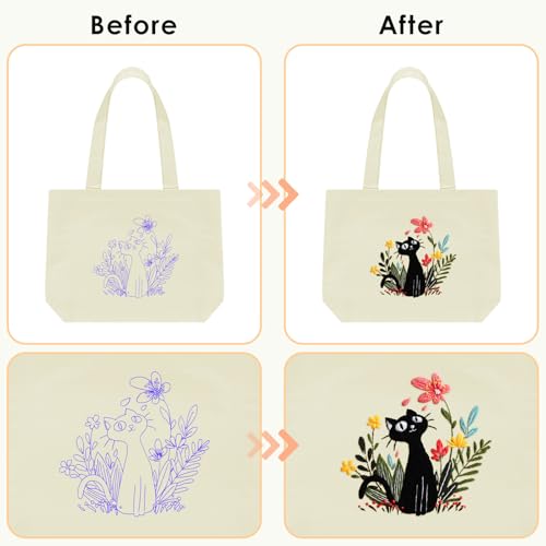 ERKOON Canvas Tote Bag Embroidery Kit for Beginners, Floral Arts Crafts Cross Stitch Kits for Adults Including Stamped Embroidery Bag with Hoops, Needle, Instruction and Color Threads (Cat) - color: Cat