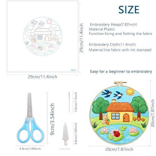 Zhenqing Summer Lotus Embroidery Kit for Beginners, Bunny with Carrot Craft Set with 20cm Hoop, Printed Design on 29x29cm Cotton Fabric, DIY Bright Wall Art (C0161) - color: Summer Pond