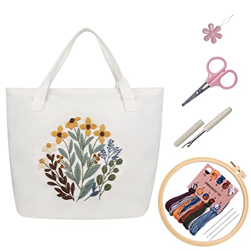 Embroidery Kit Canvas Tote Bag with Patterns for Beginners, Personalized Canvas Bag Kits, Bamboo Embroidery Hoop, English Instruction for DIY Crafts with Tools - color: Multi 2