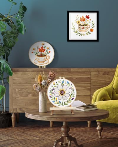 TINDTOP Embroidery Kit for Adult, 3 Pack Embroidery DIY Starter Kit, with Stamped Patterns, Hoop, Tools, Colorful Threads with Needles, Instructions (Flower Cup) - color: Flower Cup