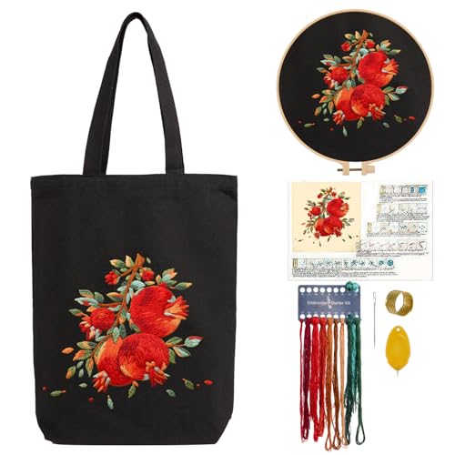 CREAWONDER Canvas Tote Bag Embroidery Kit with Pattern for Beginners, Arts and DIY Embroidery Crafts Kits for Adults, Include Instructions, Embroidery Hoops, Color Threads and Tool - color: CR002 shiliuranran black