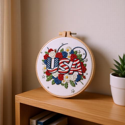 Embroidery Kit for Beginners & Adults Starter Kit, Cross Stitch Kits,DIY Hand Embroidery Needlepoint Set with Hoop, Pre-Printed Fabric, Threads and Instructions (USA) - color: USA