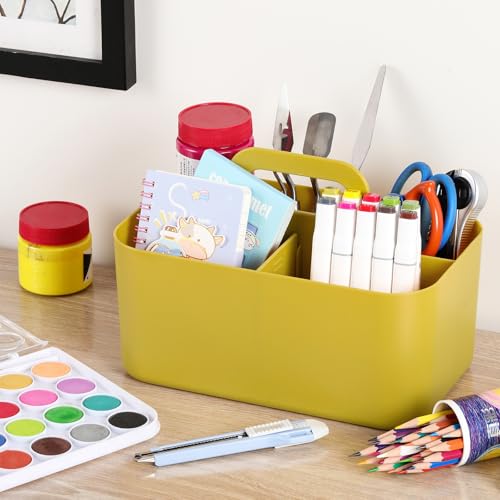 Multiuse Caddy Organizer with Handle, Portable Divided Plastic Tote Bin - Art Craft, Stationary Pen Marker Crayon, Makeup Hair Supplies Storage - Bathroom, Classroom, Dorm, Office, Desk Holder -Yellow - color: Yellow
