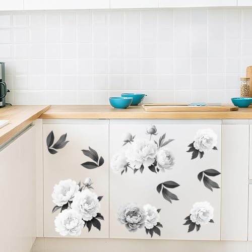 3 Sheet Retro Black and White Peony Flower Furniture Decals, Cabinet Stickers for Dresser Drawer Kitchen Vanity Farmhouse Vinyl Stickers Easy Peel and Stick, Medium Pattern 6"x12" - style: Peony-Black and White
