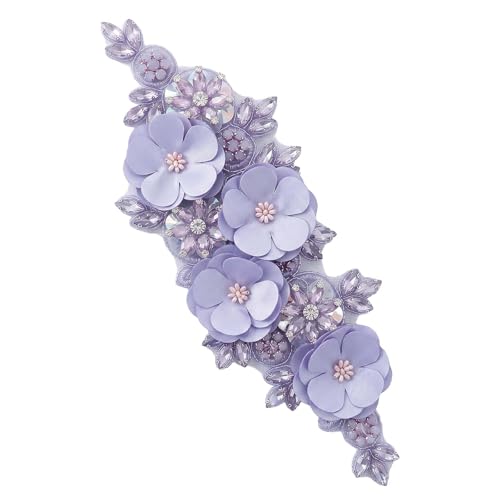 3D Flower Embroidery Beaded Applique Rhinestone Lace Patch Purple - color: Purple