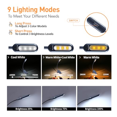 VAVOFO Rechargeable Reading Light, Clip on Book Light for Reading in Bed - color: Metallic Grey