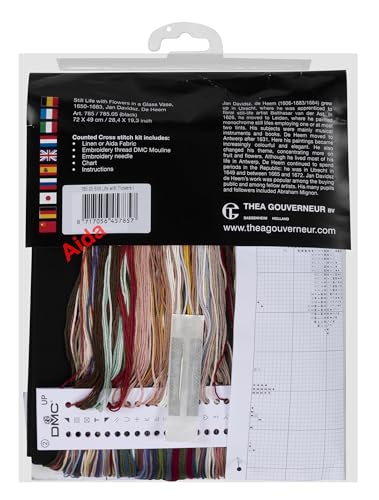 Thea Gouverneur - Counted Cross Stitch Kit - Still Life with Flowers in a Glass Vase - Aida Black - 18 Count - for Adults - DMC Embroidery Threads and Other Cross Stitch Supplies Included - 785.05 - color: 785.05 Aida Black