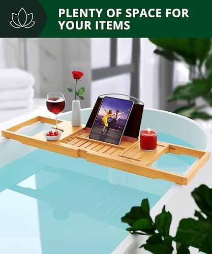ROYAL CRAFT WOOD Premium Foldable Bathtub Tray Caddy - Wood Bath Tray for Tub, Bamboo Shelf, Expandable Bath Table Trays, Bathtub & Bathroom Accessories for New Home & Mothers, Birthday Gifts for Mom - color: Natural Bamboo