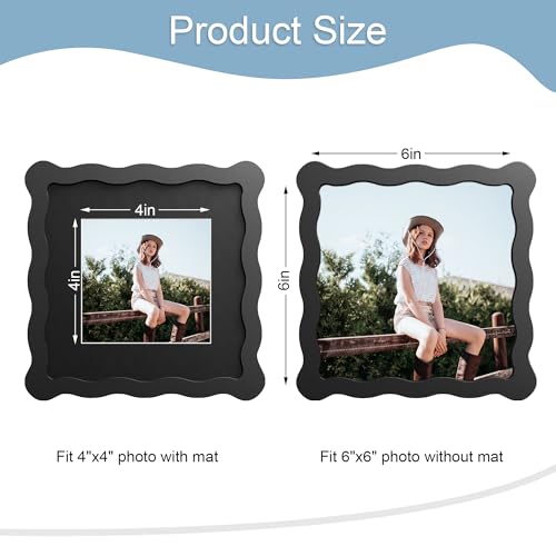 6x6 Picture Frame with Mat for 4x4, Wavy Edge Wooden Real Glass Photo Frame for Tabletop and Wall Hanging, Black, 1 Pack - color: Black, size: 6x6 in
