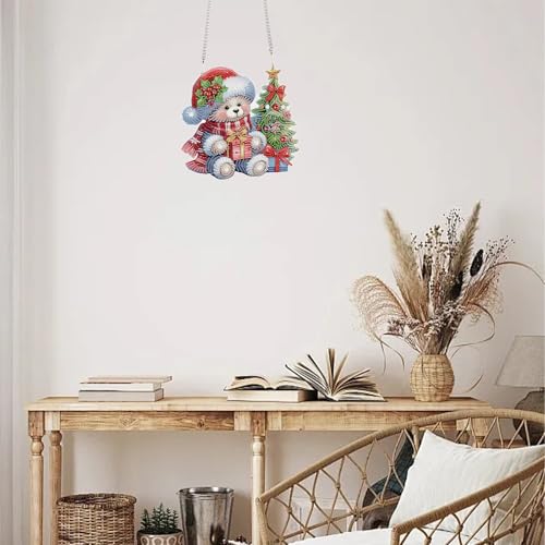 TDFERAN DIY 5D Diamond Painting Kits Hanging Sign 12x20cm Christmas Wall Art Sign Diamond Art Suncatcher Window Hanging Ornament Window Pendants Home Garden Wall Door Paint with Diamonds Wreath Bear - color: White Bear Ornament