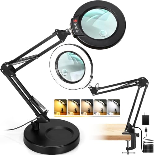 30X 12X Magnifying Glass with Light and Stand, Real Glass, 5 Color Modes, Brightness Stepless Dimmable Lighted Magnifier Hands Free, 2-in-1 Desk Lamp & Clamp Light, Magnifier Lamp for Close Work - color: Black, size: 30X 17.8inch Base & Clamp