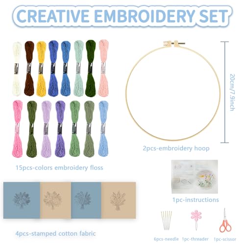 FREEBLOSS 4 Sets Embroidery Kit for Beginners Needlepoint Bouquet Stamped Embroidery Starter Kit with Instructions, Needles, Threads, 2 Hoops 11.6"/29.5CM - style: Bouquet