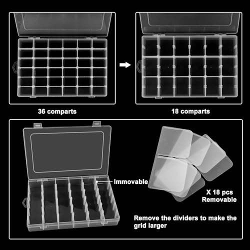 4 Pack 36 Grid Bead Organizer Box with Removable Dividers, Clear Plastic Organizer Box, Craft Storage Containers for Beads, Jewelry, Fishing Tackle, Thread, Screws, DIY Small Parts