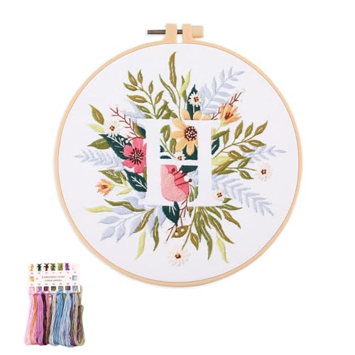 artcici Embroidery Kits Plant Flower Leaf English Letter Patterns for Beginners Adults, Full Range Embroidery Starter Kits Cross Stitch Needlework Supplies (Letter H) - color: Letter H