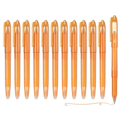 PATIKIL 12Pcs Erasable Gel Pens, 0.5mm Fine Point Heat Erasable Marking Pen with Cap Smooth Writing Fabric Markers for Sewing Drawing Writing Planner, Orange Ink - color: Orange
