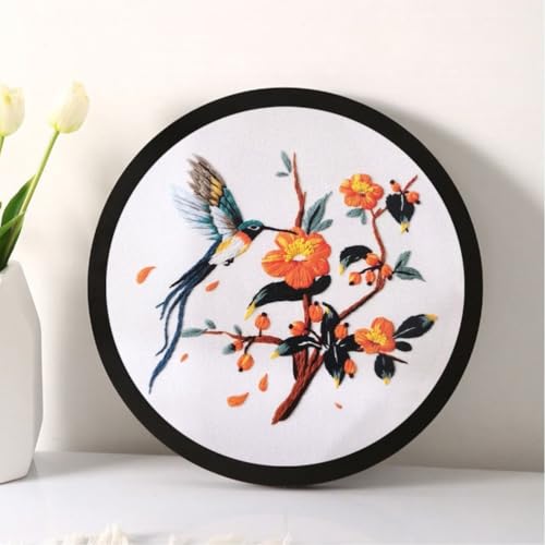 Esffaci Embroidery Starter Kit for Adult Beginner with Hummingbird‌ Flowers Pattern Hand Embroidery Set with Embroidery Cloth Hoop Needle Threader Embroidery Floss and Instruction - color: Hummingbird