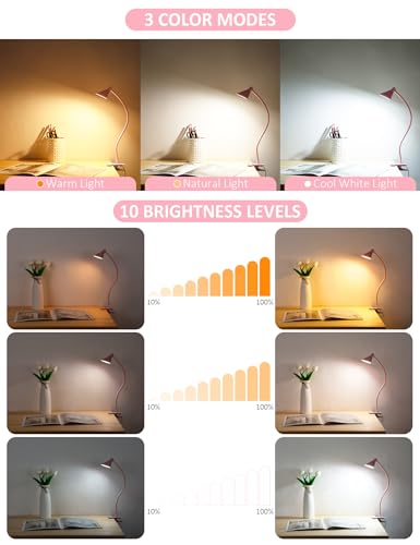 LiFMIRA Pink Small Desk Lamp Clip on LED Reading Light for Bed - color: Pink