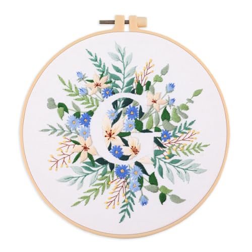 IUHUI Embroidery Kit for Beginners Adults - 26 Floral Letters Easy Patterns, DIY Hand Stitching Embroidery Set with Hoop (Flower and Grass Letter G) - color: Flower and Grass Letter G